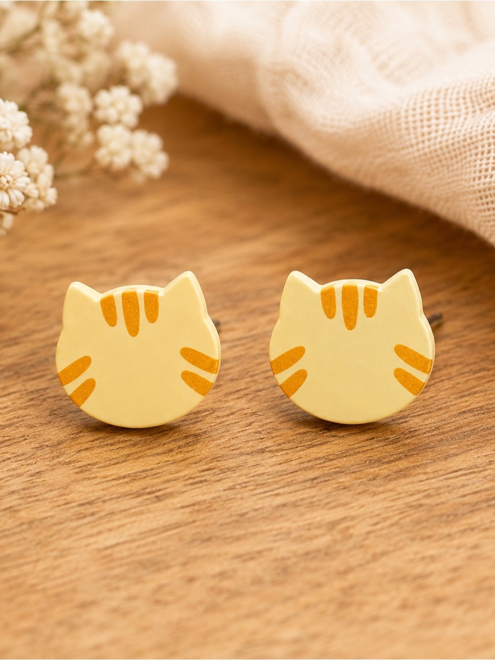 Yellow Tabby Cat Stud Earrings